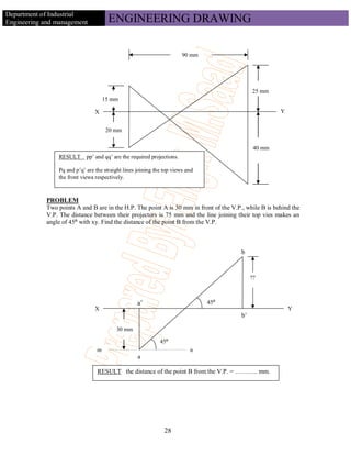 Department of Industrial
Engineering and management            ENGINEERING DRAWING

                                                                        90 mm




                                                                                             25 mm
                                     15 mm

                                X                                                                      Y


                                      20 mm


                                                                                              40 mm
                RESULT      pp’ and qq’ are the required projections.

                Pq and p’q’ are the straight lines joining the top views and
                the front viewa respectively.



            PROBLEM
            Two points A and B are in the H.P. The point A is 30 mm in front of the V.P., while B is behind the
            V.P. The distance between their projectors is 75 mm and the line joining their top vies makes an
            angle of 45º with xy. Find the distance of the point B from the V.P.



                                                                                        b



                                                                                             ??



                                                   a’                           45º
                                X                                                                          Y
                                                                                        b’

                                         30 mm

                                                             45º
                                 m                                        n
                                                   a

                                 RESULT the distance of the point B from the V.P. = ……….. mm.




                                                               28
 