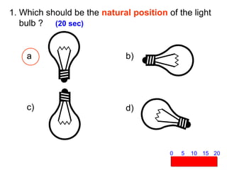 1. Which should be the natural position of the light
bulb ? (20 sec)
c)
b)
a
d)
5 10 15 20
0
 