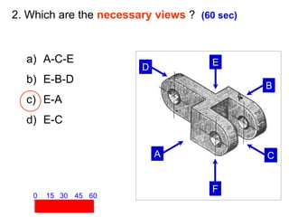 A
B
C
D E
F
2. Which are the necessary views ? (60 sec)
a) A-C-E
b) E-B-D
c) E-A
d) E-C
15 30 45 60
0
 
