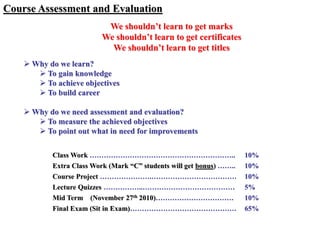 Course Assessment and Evaluation
Class Work …………………………………………………….. 10%
Extra Class Work (Mark “C” students will get bonus) …….. 10%
Course Project ………………….……………………………… 10%
Lecture Quizzes ……………..………………………………… 5%
Mid Term (November 27th 2010)…………………………… 10%
Final Exam (Sit in Exam)……………………………………… 65%
 Why do we learn?
 To gain knowledge
 To achieve objectives
 To build career
 Why do we need assessment and evaluation?
 To measure the achieved objectives
 To point out what in need for improvements
We shouldn’t learn to get marks
We shouldn’t learn to get certificates
We shouldn’t learn to get titles
 