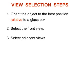 VIEW SELECTION STEPS
1. Orient the object to the best position
relative to a glass box.
2. Select the front view.
3. Select adjacent views.
 