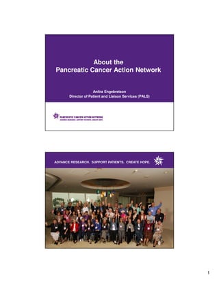 About the
Pancreatic Cancer Action Network


                     Anitra Engebretson
       Director of Patient and Liaison Services (PALS)




ADVANCE RESEARCH. SUPPORT PATIENTS. CREATE HOPE.




                                                         1
 