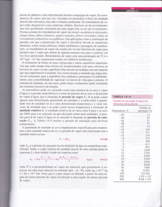 pessas de plástico e elas efetivamente barram a migração do vapor. Os retar-
dadores de vapor, por sua vez, retardam ou abrandam o fluxo de umidade
através das estruturas, mas não o elimina totalmente. Os retardadores de va-
por estão disponíveis como materiais sólidos, flexíveis ou de revestimento,
mas eles geralmente consistem em uma chapa fina ou de um revestimento.
Formas comuns de retardadores de vapor sáo metais ou plásticos reforçados,
chapas finas, filmes plásticos, papéis tratados, feltros revestidos, tintas de
revestimento poliméricas ou asfálticas. Em aplicações como a construção de
paredes, em que a penetração de vapor é inevitável devido às numerosas
aberturas, como caixas elétricas, linhas telefônicas e passagens de canaliza-
ções, os retardadores de vapor são usados.emyez das barreiras de vapor para
permitir que o vapor que entrou de alguma maneira saia para o exterior, em
vez ficar aprisionado. Retardadores de vapor com uma permeação de 57,4 x
10-e kg/s . m2 são comumente usados em edifícios residenciais.
O isolamento de linhas de dgua refrigerada e outras superfícies impermeá-
veis que estão sempre frias devem ser acondicionados com uma cobertura de
barreira de vapor ou tais superfícies frias devem ser isoladas com um material
que seja impermeável à umidade. Isso ocorre porque a umidade que migra atra-
vés do isolamento para a superfície fria condensa e permanece 1á indefinida-
mente, sem a possibilidade de vaporizar e se mover de volta para o exterior. O
acúmulo de umidade, em tais casos, pode tornar o isolamento inútil, resultando
em consumo excessivo de energia.
Ar atmosférico pode ser encarado como uma mistura de ar seco e vapor
d'água e a pressão atmosférica é a soma da pressão do ar seco e da pressão
do vapor d'âgta, que é chamada de pressão de vapor P,. O ar pode conter
apenas uma determinada quantidade de umidade e a razáo entre a quanti-
dade real de umidade no ar a uma determinada temperatura e o valor má-
ximo de umidade que o ar pode conter nessa temperatura é chamado de
umidade relativa {. A umidade relativa do ar varia entre 0 para o ar seco
até 1007o para o ar saturado (ar que não pode conter mais umidade). A pres-
são parcial do vapor d'á.gtsa no ar saturado é chamada de pressão de satu-
ração P.u,. A Tabela 14-9 mostra a pressão de saturação para diversas
temperatuÍas.
A quantidade de umidade no ar é completamente especificada pela tempera-
tura e pela umidade relativa do ar, e a pressão do vapor está relacionada com a
umidade relativa @ por
P, : óP", (14-30)
onde P.u, é a pressão de saturação (ou de ebulição) da água na temperatura espe-
cificada. Então, a vazáo mássica de umidade através de uma camada plana de
espessura L e ârea normal A pode ser expressa como
d iferentes tem peratu ras
Pressão de
Temperatura,'C saturaçã0, Pa
- óz P"ur.z
(kg/s) (14-3r )
onde I é a permeabilidade ao vapor do material, que geralmente é ex-
pressa em uma base mássica na unidade ng/s . m . Pa, onde ng = lQ-tz ç,
e 1 Pa = 10-s bar. Note que o vapor migra ou difunde a partir de uma re-
gião de maior pressão de vapor em direção a uma região de menor pressão
de vapor.
P.,_P
gAótP,u,.trh, : ÇPA
L
-40
-36
-32
-28
-24
-20
-16
-t2
-8
-4
0
5
10
15
20
2q
30
35
40
50
100
200
300
13
20
31
47
70
104
151
2r8
310
438
611
872
1228
1705
2339
3169
4246
5628
7384
12350
101330
1,55 x 106
8,58 x 106
S§, Ê.- ,..!.11,, i,:i
Pressão de saturação da água em
A
 