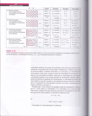 OB.A Espécie Densidade Velocidade :92!6 rwn
(a) Misturahomogênea o o a o a o a o a o
semmovimentodemassa o o o a o a o a o a
(semgradientedeconcentraçãoe O o o o a o a o a o r/_^
semdifusão) oaoaoaoaoa Y-u
coaoaoooao
oaoaoaoooa
Espécie Á
Espécie B
Mistura de
AeB
PÁ = constante
PB = constante
P= Po+ P,
= constante
ve=o
vn=o
V=O
(à) Misturahomogênea . o a o o o a O a o
commovimentodemassa o a o o o a o o o a
(semgradientedeconcentraçãoe o o O o a o a o o o .*.,
semdifusão) o a o a o a o a o a
aoooaoooao
oooaoooaoa
Espécie Á
Espécie B
Mistura de
AeB
PÁ = constante
PB = constante
P=P1+Pu
= constante
Va= v
va= v
V=V
nl .=;_'
m-= i-' -
ir=;',t
=v't'
(c) )Misturanãohomogênea a a o a o o a o o o
semmovimentodemassa a o a a a o o a o o
(meioestacioniíriocomgradiente a a a o o a o o O O,,_^
deconcentração) aaoaaooaoo'-'
oaaoooaooo
aooaaaoooo
Vdrt,e- * Vdrr,a
Espécie Á
Espécie B
Misfura de
AeB
pÁ + constante
pB + constante
P=P1+P,
= constante
ve= vax..q
Va= Vdrt,a
V=O
à.=o-'- t
,; _-:,,tB_ P:,1 i
tir- r.'-=
(assimn.=-r.,
(@ Misturanãohomogênea a o o a o o a o o o
commovimentodemassa a O a a a o o a o o
(meioemmovimento a a a o o o o o O o -* rz
comgradientedeconcentração) a a o a a o o o o o
aoaoooaooo
aooaaooooo
Vair.o- * Vair,a
Espécie A
Espécie B
Mistura de
AeB
P,t * constante
pB + constante
P= PA+ PB
= constante
Vo= V + Voo.o
Vu=V+Voo,u
V=V
t?1,=J.' -
ritu=p,,-,*;.
a = p';-
?
FTGURA 14-30
Várias quantidades associadas a uma mistura de duas espécies A e B emum local sob condições de escoamento unidim-Li'-. r,
ou sem escoamento. (A densidade da mistura p = p,.t p" é considerada mantendo-se constante.)
velocidade média de um grupo de moléculas neste local movendo-s= i - : ,i
influência do gradiente de concentração. Finalmente, o último cas,: -r-l
d) envolve ambas, a difusão molecular e a conyecÇão, e a velor-iüj:: lÍ
uma espécie, neste caso, é igual à soma da velocidade do escoam::-:- :ur
massa e da velocidade da difusão. Note que as velocidades do esco,-,:r.xl
e da difusão podem ser na mesma direção ou em direções opostas. :;:,--.r-
dendo da direção do gradiente de concentração. A velocidade da dii-u.i: -e
uma espécie é negativa quando o escoamento da massa é positir-o rL; -_-:-
çáo x e o gradiente de concentraçáo é positivo (ou seja, a concenrrtr::_ :-
espécie aumenta na direção x).
Notando qlue avazáo mássica em qualquer seção do escoamento é ec=r""
por rix : pVA, ondep é a densidade, Vé a velocidade e Á é a área j: s;À-
transversal, a relação da conservação da massa para o escoamento de un' :---rr=
tura que envolve duas espécies A e B pode ser expressa como
rh:rho*rh,
pVA: psVoA -f pBVBA
ou
Cancelando Á e resolvendo para V, resulta em
 