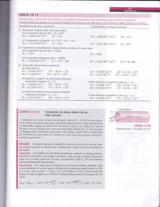 TABETA 14*1 3
Relações para o nÚmero de Sherwood em convecção de massa para uma concentração especificada na superfície
correspondendo às relaÇões do nÚmero de Nusselt em convecÇão de calor para uma temperatura especificada na
Transferência de calor convectiva Transferência de massa convectiva
1. Convecção forçada sobre uma placa plana
(a) Escoamento laminar (Re < 5 x 105)
Nu : 0,664 Re,o,5 prtrs, pr > 0,6
(b) Escoamento turbulento (5 x 105 < Re < 107)
Nu : 0,037 Re.0,8 p;il:, Pr > 0,6
2. Escoamento completamente desenvolvido em tubos circulares lisos
(a) Escoamento laminar (Re < 2300)
Nu : 3,66
(b) Escoamento turbulento (Re > 10000)
Nu : 0,023 Reo,8 Pro'4, O,7 < pr < 160
3. Convecção natural sobre superfícies
(a) Placa vertical
Nu : 0,59(Gr Pr)t/A, 105 < Gr pr < 10e
Nu : 0,1(Gr Pr)1/3, loe < Gr pr < 10i3
(b) Superfície superior de uma placa horizontal
Superfície é quente (4 > t)
Nu : 0,54(Gr Pr)t|, 104 < Gr Pr < 107
Nu : 0,15(Gr Pr)1/3, 107 < Gr Pr < 1011
(c) Superfície inferior de uma placa horizontal
Superfície é quente (4 > t)
Nu : 0,27(Gr Pr)t/4, 105 < Gr Pr < 1011
sh : 0,664 Rer0,5 5çus, Sc < 0,5
sh : 0,037 Re,0,8 S.Us, sc < 0,5
sh : 3,66
Sh : 0,023 Reo'8 Sco,4, 0,7 < Sc 160
Sh : 0,59(Gr Sc)1/4, 105 < Gr Sc < 10e
Sh : 0,1(Gr Sc)1/3, 10e < Gr Sc < 1013
Fluido próximo à superfÍcie é leve (p, < p-)
Sh : 0,54(Gr Sc)1/4, 10a < Gr Sc < 107
Sh : 0,15(Gr Sc)1/3, 107 < Gr Sc < 1011
Fluido próximo à superfície é leve (p, < p_)
Sh : 0,27(Gr Sc)1/4, 105 < Gr Sc < 1011
ii
I
IIr
t
iI
;I
I
EXEMPLO I4_IO Convecção de massa dentro de um
tubo circular
considerar um tubo circular de diâmetro interno D = 0,015 m cuja super-
fície interna é coberta com uma camada de água líquida, como resultado da
condensação (Figura 14-49). A fim de secar o tubo, o ar a 300 K e 1 atm é
forçado a escoar através dele com uma velocidade média de 1,2 m/s. usando
a analogia entre transferência de calor e de massa, determinar o coeficiente
de transferência de massa no interior do tubo para escoamento completa-
mente desenvolvrdo.
S0LUçÃ0 A camada líquida na superfície interna de um tubo circular deve
ser secada soprando ar através dele. Determinar o coeficiente de transferência
de massa.
Suposiçôes I O modelo de baixo fluxo de massa e, portanto, a analogia entre a
transferência de calor e de massa é aplicável, uma vez que a fração mássica de
vapor no ar é baixa (cerca de 2/" para o ar saturado a 300 K). 2 O escoamento
está completamente desenvolvido.
Propriedades Por causa das condições de baixo fluxo de massa, podemos usar
as propriedades do ar seco para a mistura na temperatura especificada de 300
K e 1 atm, para a qual r,= 1,58 x 10-5 m2ls (Tabela A-15). A difusividade de
massa do vapor d'água no ar a 300 K é determinada a partir da Equação 14-15
como
DM: Da,o.u,:1.87 x 1g to!''!t: 1,87 x 1g-r030ü0zu :2.54X l0 5m2ls
FIGURA 1449
Esquema para o Exemplo 14-10.
+ V- 7,2mls
/
 