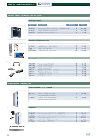 60
RECEPCIÓN TV SATÉLITE / TERRESTRE
Conexiones
Armarios, fuentes y accesorios para DigiCompact
Armarios y fuentes
Referencia Descripción Embalaje Precio
Programación y descodiﬁcación
MS8705B
MS8702B
MS8706
MS1697B
AV0758
RT7900CE
MS2687
MS2688
MS2689
VR7518
VR7519
VR7543
VR7832
Armario DigiCompact / 5 módulos + Fuente MS8702B
Fuente alimentacion DigiCompact
Adaptador de MS8705B a rack 19
Mando a distancia dc8 sin marca
Cable RS232 null módem
CAM para tarjetas TDT de pago
Puente entrada OFDM (IEC)
Puente entrada QPSK (F)
Puente mezcla salida (F)
Adaptador IEC (hembra) - F (hembra)
Adaptador IEC (macho)-F (hembra)
Carga 75ohms no aislada
Carga 75ohms aislada
1
1
1
1
1
1/5
1
1
1
1
1
1
1
405,00€
161,20€
72,80€
9,90€
3,90€
87,00€
2,40€
2,40€
4,80€
0,80€
0,80€
0,50€
0,85€
1
1
1
1
1
1
1
MS2610T
MS2620T
MS2690
MS2691
MS2692
AC1521
MS1695
Receptor satélite QPSK-2000
con modulador vertigial V/UHF
Receptor Terrestre OFDM-2000
con modulador vertigial V/UHF
Fuente de alimentación 24V-2,1A (1,8A a 50ºC)
Fuente de alimentación 24V - 1,65A (1,15A a 50ºC)
Fuente de alimentación 24V-3A
Regleta fijación 500mm reforzada
Programador MULTISMATV
296,00€
296,00€
130,40€
99,20€
171,30€
14,50€
171,00€
Receptores TV SATÉLITE/TERRESTRE
Accesorios
Sistema modular para TV DIGITAL
 