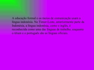 A educação formal e os meios de comunicação usam a língua indonésia. No Timor-Leste, anteriormente parte da Indonésia, a língua indonésia, como o inglês, é reconhecida como uma das línguas de trabalho, enquanto o tétum e o português são as línguas oficiais. 