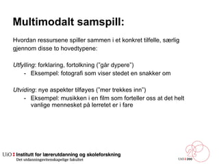Multimodalt samspill:  Hvordan ressursene spiller sammen i et konkret tilfelle, særlig  gjennom disse to hovedtypene: Utfylling : forklaring, fortolkning (”går dypere”) Eksempel: fotografi som viser stedet en snakker om Utviding : nye aspekter tilføyes (”mer trekkes inn”) Eksempel: musikken i en film som forteller oss at det helt vanlige mennesket på lerretet er i fare  