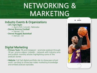 NETWORKING &
MARKETING
Industry Events & Organizations
•UFC Fight Night
‣ April 25th | Lincoln, Nebraska
•Denver Broncos Football
‣ Denver, CO
•Denver Nuggets Basketball
‣ Denver, CO
Digital Marketing
•Primary Tools: FB and Instagram - promote podcast through
30 sec. promo videos; LinkedIn - network with industry pros
and publish monthly articles highlighting some of the
podcast stories
•Website: Full Sail digital portfolio site to showcase school
work; use blog to showcase rodeo marketing knowledge
and embed podcast episodes
 