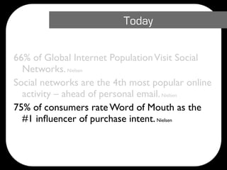 Today


66% of Global Internet Population Visit Social
  Networks. Nielsen
Social networks are the 4th most popular online
  activity – ahead of personal email. Nielsen
75% of consumers rate Word of Mouth as the
  #1 inﬂuencer of purchase intent. Nielsen
 