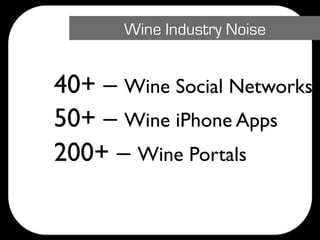 Wine Industry Noise


40+ – Wine Social Networks
50+ – Wine iPhone Apps
200+ – Wine Portals
 
