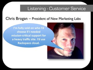 Listening - Customer Service
Chris Brogan – President of New Marketing Labs

    I’m fully sold on who I’d 
       choose if I needed 
   mission‐cri5cal support for 
   a heavy traﬃc site. I’d use 
        Rackspace cloud.
 