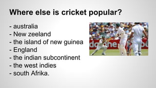 Where else is cricket popular?
- australia
- New zeeland
- the island of new guinea
- England
- the indian subcontinent
- the west indies
- south Afrika.
 