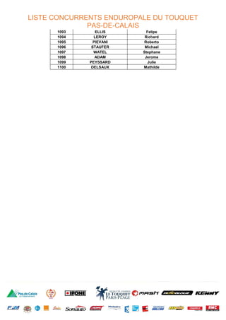 LISTE CONCURRENTS ENDUROPALE DU TOUQUET
PAS-DE-CALAIS
1093 ELLIS Felipe
1094 LEROY Richard
1095 PIEVANI Roberto
1096 STAUFER Michael
1097 WATEL Stephane
1098 ADAM Jerome
1099 PEYSSARD Julie
1100 DELSAUX Mathilde
 