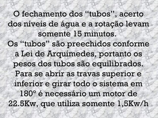 O fechamento dos “tubos”, acerto dos níveis de água e a rotação levam somente 15 minutos.  Os “tubos” são preechidos conforme a Lei de Arquimedes, portanto os pesos dos tubos são equilibrados. Para se abrir as travas superior e inferior e girar todo o sistema em 180º é necessário um motor de 22.5Kw, que utiliza somente 1,5Kw/h 