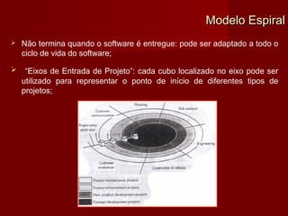 Modelo Espiral
   Não termina quando o software é entregue: pode ser adaptado a todo o
    ciclo de vida do software;

    “Eixos de Entrada de Projeto”: cada cubo localizado no eixo pode ser
    utilizado para representar o ponto de início de diferentes tipos de
    projetos;
 