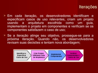 Iterações
   Em cada iteração, os desenvolvedores identificam e
    especificam casos de uso relevantes, criam um projeto
    usando a arquitetura escolhida como um guia,
    implementam o projeto em componentes e verificam se os
    componentes satisfazem o caso de uso;
   Se a iteração atinge seu objetivo, prossegue-se para a
    próxima iteração. Quando não, os desenvolvedores
    revisam suas decisões e tentam nova abordagem;
 