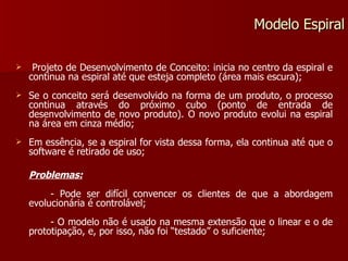 Projeto de Desenvolvimento de Conceito: inicia no centro da espiral e continua na espiral até que esteja completo (área mais escura); Se o conceito será desenvolvido na forma de um produto, o processo continua através do próximo cubo (ponto de entrada de desenvolvimento de novo produto). O novo produto evolui na espiral na área em cinza médio; Em essência, se a espiral for vista dessa forma, ela continua até que o software é retirado de uso; Problemas: - Pode ser difícil convencer os clientes de que a abordagem evolucionária é controlável; - O modelo não é usado na mesma extensão que o linear e o de prototipação, e, por isso, não foi “testado” o suficiente; Modelo Espiral 