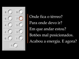 Onde fica o térreo? Para onde devo ir? Em que andar estou? Botões mal posicionados. Acabou a energia. E agora? 
