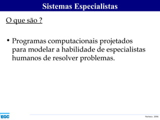 O que são ? Programas computacionais projetados para modelar a habilidade de especialistas humanos de resolver problemas. Sistemas Especialistas 