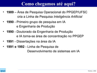 Como chegamos até aqui? 1989  – Área de Pesquisa Operacional do PPGEP/UFSC    cria a Linha de Pesquisa  Inteligência Artificial 1990  - Primeiro grupo de pesquisa em IA    e Engenharia de Produção 1990  - Doutorado da Engenharia de Produção    e IA torna-se área de concentração no PPGEP 1991  - Dissertações na área da IA  1991 e 1992  - Linha de Pesquisa de    Desenvolvimento de sistemas em IA 