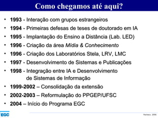 Como chegamos até aqui? 1993  - Interação com grupos estrangeiros 1994  - Primeiras defesas de teses de doutorado em IA 1995  - Implantação do Ensino a Distância (Lab. LED) 1996  - Criação da área  Mídia & Conhecimento 1996  - Criação dos Laboratórios Stela, LRV, LMC 1997  - Desenvolvimento de Sistemas e Publicações 1998  - Integração entre IA e Desenvolvimento    de Sistemas de Informação 1999-2002  – Consolidação da extensão 2002-2003  – Reformulação do PPGEP/UFSC 2004  – Início do Programa EGC 