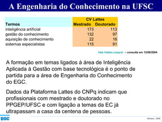 A Engenharia do Conhecimento na UFSC A formação em temas ligados à área de Inteligência Aplicada à Gestão com base tecnológica é o ponto de partida para a área de Engenharia do Conhecimento do EGC. Dados da Plataforma Lattes do CNPq indicam que profissionais com mestrado e doutorado no PPGEP/UFSC e com ligação a temas da EC já ultrapassam a casa da centena de pessoas. http://lattes.cnpq.br   – consulta em 12/08/2004 