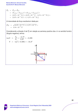 22
A intensidade da força resultante é dada por:
Considerando a direção 𝜃 de 𝐹𝑅
⃗⃗⃗⃗ em relação ao semieixo positivo dos 𝑥's no sentido horário
(ângulo negativo), temos:
Mariana Moronari, Samuel Carvalho
Aula 00 (Profª. Mariana Moronari)
Engenharia Elétrica p/ Concursos - Curso Regular (Com Videoaulas) 2020
www.estrategiaconcursos.com.br
0
00000000000 - DEMO
 