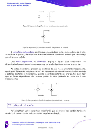 92
Figura 26-Representação gráfica da uma fonte independente de tensão.
Figura 27-Representação gráfica da uma fonte independente de corrente.
O termo fonte independente significa que a magnitude da fonte é independente do circuito
ao qual ela é aplicada, de modo que suas características se mantêm mesmo que a fonte seja
completamente isolada.
Uma fonte dependente ou controlada (Fig.28) é aquela cujas característica são
determinadas (ou controladas) por uma corrente ou tensão do sistema em que se encontra.
As fontes dependentes precisam da existência de pelo menos uma fonte independente,
que é quem fornecerá a energia ao circuito. As fontes controladas estão somente redirecionando
a potência das fontes independentes, que são as verdadeiras fontes de energia. Isso quer dizer
que as fontes dependentes de corrente podem fornecer potência às custas das fontes
independentes.
Figura 28-Representação gráfica de fontes dependente de tensão e corrente.
7.2. Método dos nós
Para simplificar, vamos considerar inicialmente que os circuitos não contêm fontes de
tensão, pois os que contêm serão estudados na próxima subseção.
Mariana Moronari, Samuel Carvalho
Aula 00 (Profª. Mariana Moronari)
Engenharia Elétrica p/ Concursos - Curso Regular (Com Videoaulas) 2020
www.estrategiaconcursos.com.br
0
00000000000 - DEMO
 