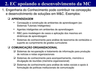 2. EC apoiando o desenvolvimento da MC Engenharia do Conhecimento pode contribuir na concepção e desenvolvimento de soluções em M&C. Exemplos:  APRENDIZAGEM Concepção e construção de ambientes de aprendizagem (ex: Sistemas Tutoriais Inteligentes) Agentes inteligentes em ambientes de aprendizagem RBC para modelagem de casos e aplicação dos mesmos em dinâmicas de aprendizagem Sistemas de conhecimento para análise de taxonomia de conteúdos e suporte ao cumprimento de grades curriculares COMUNICAÇÃO ORGANIZACIONAL Sistemas de recuperação e tratamento de informação para produção de notícias e notas organizacionais Sistemas de conhecimento para acompanhamento, memória e divulgação de reuniões (memória organizacional) Sistemas de conhecimento para análise de redes sociais e apoio à formulação de políticas institucionais de comunicação 