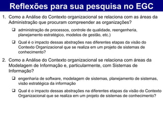 Reflexões para sua pesquisa no EGC Como a Análise do Contexto organizacional se relaciona com as áreas da Administração que procuram compreender as organizações? administração de processos, controle de qualidade, reengenheria, planejamento estratégico, modelos de gestão, etc.) Qual é o impacto dessas abstrações nas diferentes etapas da visão do Contexto Organizacional que se realiza em um projeto de sistemas de conhecimento? Como a Análise do Contexto organizacional se relaciona com áreas da Modelagem de Informação e, particularmente, com Sistemas de Informação? engenharia de software, modelagem de sistemas, planejamento de sistemas, visão estratégica da informação Qual é o impacto dessas abstrações na diferentes etapas da visão do Contexto Organizacional que se realiza em um projeto de sistemas de conhecimento? 
