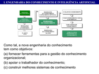 Como tal, a nova engenharia do conhecimento  tem como objetivos:  (a) fornecer ferramentas para a gestão do conhecimento organizacional;  (b) apoiar o trabalhador do conhecimento;  (c) construir melhores sistemas de conhecimento I. ENGENHARIA DO CONHECIMENTO E INTELIGÊNCIA ARTIFICIAL 