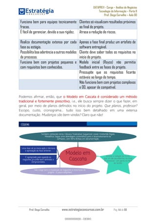 DATAPREV - Cargo Análise de Negócios
Tecnologia da Informação Parte II
Prof. Diego Carvalho Aula 00
Prof. Diego Carvalho www.estrategiaconcursos.com.br Pág. 44 de 88
Funciona bem para equipes tecnicamente
fracas.
Clientessó visualizam resultados próximos
ao final do projeto.
É fácil de gerenciar, devido a sua rigidez. Atrasa a redução de riscos.
Realiza documentação extensa por cada
fase ou estágio.
Apenas a fase final produz um artefato de
software entregável.
Possibilita boa aderência a outros modelos
de processo.
Cliente deve saber todos os requisitos no
início do projeto.
Funciona bem com projetos pequenos e
com requisitos bem conhecidos.
Modelo inicial (Royce) não permitia
feedback entre as fases do projeto.
Pressupõe que os requisitos ficarão
estáveis ao longo do tempo.
Não funciona bem com projetos complexos
e OO, apesar de compatível.
Podemos afirmar, então, que o Modelo em Cascata é considerado um método
tradicional e fortemente prescritivo, i.e., ele busca sempre dizer o que fazer, em
geral, por meio de planos definidos no início do projeto. Que planos, professor?
Escopo, custo, cronograma... tudo isso bem detalhado em uma extensa
documentação. Mudanças são bem-vindas? Claro que não!
ESQUEMA
00000000000
00000000000 - DEMO
 
