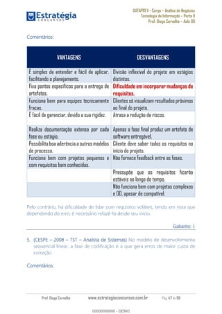 DATAPREV - Cargo Análise de Negócios
Tecnologia da Informação Parte II
Prof. Diego Carvalho Aula 00
Prof. Diego Carvalho www.estrategiaconcursos.com.br Pág. 47 de 88
Comentários:
VANTAGENS DESVANTAGENS
É simples de entender e fácil de aplicar,
facilitando o planejamento.
Divisão inflexível do projeto em estágios
distintos.
Fixa pontos específicos para a entrega de
artefatos.
Dificuldade em incorporar mudanças de
requisitos.
Funciona bem para equipes tecnicamente
fracas.
Clientessó visualizam resultados próximos
ao final do projeto.
É fácil de gerenciar, devido a sua rigidez. Atrasa a redução de riscos.
Realiza documentação extensa por cada
fase ou estágio.
Apenas a fase final produz um artefato de
software entregável.
Possibilita boa aderência a outros modelos
de processo.
Cliente deve saber todos os requisitos no
início do projeto.
Funciona bem com projetos pequenos e
com requisitos bem conhecidos.
Não fornece feedback entre as fases.
Pressupõe que os requisitos ficarão
estáveis ao longo do tempo.
Não funciona bem com projetos complexos
e OO, apesar de compatível.
Pelo contrário, há dificuldade de lidar com requisitos voláteis, tendo em vista que
dependendo do erro, é necessário refazê-lo desde seu início.
Gabarito: E
(CESPE 2008 TST Analista de Sistemas) No modelo de desenvolvimento
sequencial linear, a fase de codificação é a que gera erros de maior custo de
correção.
Comentários:
00000000000
00000000000 - DEMO
 