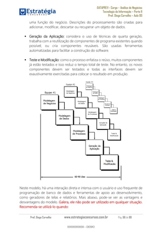 DATAPREV - Cargo Análise de Negócios
Tecnologia da Informação Parte II
Prof. Diego Carvalho Aula 00
Prof. Diego Carvalho www.estrategiaconcursos.com.br Pág. 66 de 88
uma função do negócio. Descrições do processamento são criadas para
adicionar, modificar, descartar ou recuperar um objeto de dados.
Geração da Aplicação: considera o uso de técnicas de quarta geração,
trabalha com a reutilização de componentes de programa existentes quando
possível, ou cria componentes reusáveis. São usadas ferramentas
automatizadas para facilitar a construção do software.
Teste e Modificação: como o processo enfatiza o reúso, muitos componentes
já estão testados e isso reduz o tempo total de teste. No entanto, os novos
componentes devem ser testados e todas as interfaces devem ser
exaustivamente exercitadas para colocar o resultado em produção.
Neste modelo, há uma interação direta e intensa com o usuário e uso frequente de
programação de banco de dados e ferramentas de apoio ao desenvolvimento,
como geradores de telas e relatórios. Mais abaixo, pode-se ver as vantagens e
desvantagens do modelo. Galera, ele não pode ser utilizado em qualquer situação.
Recomenda-se utilizá-lo quando:
00000000000
00000000000 - DEMO
 