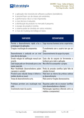 DATAPREV - Cargo Análise de Negócios
Tecnologia da Informação Parte II
Prof. Diego Carvalho Aula 00
Prof. Diego Carvalho www.estrategiaconcursos.com.br Pág. 67 de 88
a aplicação não necessita de softwares auxiliares (standalone);
é possível fazer uso de classes pré-existentes;
a performance não é o mais importante;
o risco técnico é reduzido;
a distribuição do produto no mercado é pequena;
o escopo do projeto é restrito;
o sistema pode ser dividido em vários módulos;
o risco de mudança tecnológica é baixo.
VANTAGENS DESVANTAGENS
Permite o desenvolvimento rápido e/ou a
prototipagem de aplicações.
Exige recursos humanos caros e experientes.
Criação e reutilização de componentes. O envolvimento com o usuário tem que ser
ativo.
Desenvolvimento é conduzido em um nível
mais alto de abstração.
Comprometimento da equipe do projeto.
Grande redução de codificação manual com
wizards.
Custo alto do conjunto de ferramentas e
hardware para rodar a aplicação;
Cada função pode ser direcionada para a uma
equipe separada.
Mais difícil de acompanhar o projeto.
Maior flexibilidade (desenvolvedores podem
reprojetar à vontade).
Perda de precisão científica (pela falta de
métodos formais).
Provável custo reduzido (tempo é dinheiro e
também devido ao reuso).
Pode levar ao retorno das práticas caóticas
no desenvolvimento.
Tempo de desenvolvimento curto. Pode construir funções desnecessárias.
Protótipos permitem uma visualização mais
cedo.
Requisitos podem não se encaixar (conflitos
entre desenvolvedores e clientes).
Envolvimento maior do usuário. Padronização (aparência diferente entre os
módulos e componentes)
00000000000
00000000000 - DEMO
 