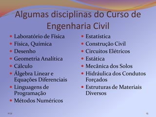 Algumas disciplinas do Curso de
              Engenharia Civil
  Laboratório de Física    Estatística
  Física, Química          Construção Civil
  Desenho                  Circuitos Elétricos
  Geometria Analítica      Estática
  Cálculo                  Mecânica dos Solos
  Álgebra Linear e         Hidráulica dos Condutos
   Equações Diferenciais     Forçados
  Linguagens de            Estruturas de Materiais
   Programação               Diversos
  Métodos Numéricos

11:31                                                  15
 