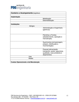 Canteiro e Acampamento (logística)
Implantação
Mobilização
Desmobilização
Instalações
Abrigos
Administração e Engenharia
(gerência)

Patrulhas e Frentes
(abastecimento, operação e
manutenção)
Suprimentos (armazenagem,
preparo, distribuição e
movimentação)
Pessoal (alimentação,
transporte, saúde, segurança,
qualidade, meio-ambiente e
alojamentos)
Vias
Redes
Custos Operacionais e de Manutenção

PINI Serviços de Engenharia – CNPJ 43816990-0001-43 – CREA SP 0279666
Rua Anhaia, 964 – 01130-900 -- São Paulo, SP
11-2173-2368 Diretoria Técnica – mariosergio@pini.com.br -- www.piniweb.com

13

 