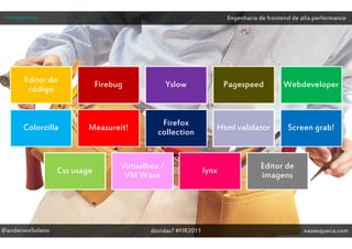 Ferramentas                                                           Engenharia de frontend de alta performance




       Editor de
                              Firebug              Yslow               Pagespeed          Webdeveloper
        código


                                               Firefox
       Colorzilla         Measureit!                               Html validator           Screen grab!
                                              collection


                                    Virtualbox /                                  Editor de
                  Css usage                                     lynx
                                     VM Ware                                      imagens




@andersonSolano                             dúvidas? #FIR2011                                     naoesqueca.com
 