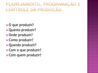 O  que produzir?
 Quanto produzir?
 Onde produzir?
 Como produzir?
 Quando produzir?
 Com o que produzir?
 Com quem produzir?
 