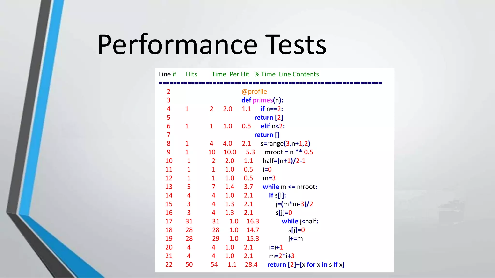 Performance Tests
Line # Hits Time Per Hit % Time Line Contents
==============================================================
2 @profile
3 def primes(n):
4 1 2 2.0 1.1 if n==2:
5 return [2]
6 1 1 1.0 0.5 elif n<2:
7 return []
8 1 4 4.0 2.1 s=range(3,n+1,2)
9 1 10 10.0 5.3 mroot = n ** 0.5
10 1 2 2.0 1.1 half=(n+1)/2-1
11 1 1 1.0 0.5 i=0
12 1 1 1.0 0.5 m=3
13 5 7 1.4 3.7 while m <= mroot:
14 4 4 1.0 2.1 if s[i]:
15 3 4 1.3 2.1 j=(m*m-3)/2
16 3 4 1.3 2.1 s[j]=0
17 31 31 1.0 16.3 while j<half:
18 28 28 1.0 14.7 s[j]=0
19 28 29 1.0 15.3 j+=m
20 4 4 1.0 2.1 i=i+1
21 4 4 1.0 2.1 m=2*i+3
22 50 54 1.1 28.4 return [2]+[x for x in s if x]
 