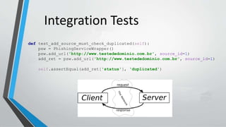 Integration Tests
def test_add_source_must_check_duplicated(self):
psw = PhishingServiceWrapper()
psw.add_url('http://www.testededominio.com.br', source_id=1)
add_ret = psw.add_url('http://www.testededominio.com.br', source_id=1)
self.assertEqual(add_ret['status'], 'duplicated')
 