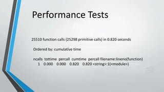 Performance Tests
25510 function calls (25298 primitive calls) in 0.820 seconds
Ordered by: cumulative time
ncalls tottime percall cumtime percall filename:lineno(function)
1 0.000 0.000 0.820 0.820 <string>:1(<module>)
 