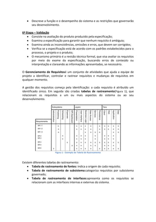 Descreve a função e o desempenho do sistema e as restrições que governarão
seu desenvolvimento.
6ª Etapa – Validação
Consiste na avaliação do produto produzido pela especificação;
Examina a especificação para garantir que nenhum requisito é ambíguio;
Examina ainda as inconsistências, omissões e erros, que devem ser corrigidos;
Verifica se a especificação está de acordo com os padrões estabelecidos para o
processo, o projeto e o produto;
O mecanismo primário é a revisão técnica formal, que visa avaliar os requisitos
por meio do exame da especificação, buscando erros de conteúdo ou
interpretação e clareando as informações apresentadas, se necessário.
O Gerenciamento de Requisitosé um conjunto de atividades que ajuda a equipe de
projeto a identificar, controlar e rastrear requisitos e mudanças de requisitos em
qualquer momento.
A gestão dos requisitos começa pela identificação: a cada requisito é atribuído um
identificado único. Em seguida são criadas tabelas de rastreamento(Figura 1), que
relacionam os requisitos a um ou mais aspectos do sistema ou ao seu
desenvolvimento.
Figura 1 - Exemplo de Tabela de Rastreamento
Existem diferentes tabelas de rastreamento:
Tabela de rastreamento de fontes: indica a origem de cada requisito;
Tabela de rastreamento de subsistema:categoriza requisitos por subsistema
governado;
Tabela de rastreamento de interfaces:apresenta como os requisitos se
relacionam com as interfaces internas e externas do sistema.
 