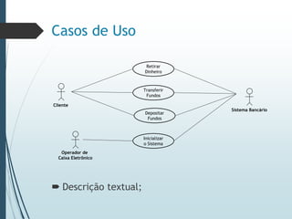 Casos de Uso
Retirar
Dinheiro
Transferir
Fundos
Depositar
Fundos
Inicializar
o Sistema
Cliente
Operador de
Caixa Eletrônico
Sistema Bancário
 Descrição textual;
 