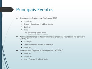 Principais Eventos
 Requirements Engineering Conference 2015
 23ª edição
 Ottawa – Canadá, de 24 a 28 de Agosto
 Qualis A1
 Tema:
 Requirements for the masses.
Requirements from the masses.
 Working Conference on Requirements Engineering: Foundation for Software
Quality 2015
 21ª edição
 Essen – Alemanha, de 23 a 26 de Março.
 Qualis b3
 Workshop em Engenharia de Requisitos - WER 2015
 Qualis B3
 18ª edição
 Lima - Peru, de 22 a 24 de Abril.
 