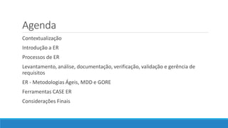 Agenda
Contextualização
Introdução a ER
Processos de ER
Levantamento, análise, documentação, verificação, validação e gerência de
requisitos
ER - Metodologias Ágeis, MDD e GORE
Ferramentas CASE ER
Considerações Finais
 