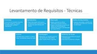 Levantamento de Requisitos - Técnicas
Entrevistas
• Conversas com propósito específico
• Descobrir problemas, levantar
procedimentos, opiniões e
expectativas
Questionários
• Obter informações como postura,
comportamento e características das
pessoas que serão afetadas pelo
sistema
Observação
• Ajuda a confirmar ou refutar
informações de outras técnicas
• Ajuda na identificação de tarefas que
podem ser automatizadas no
ambiente do usuário e não detectadas
por outras técnicas
Análise de documentos
• Capturar informações e detalhes que
são difíceis de se obter por entrevista
ou observação
Cenários
• Interação entre o usuário e o sistema
• Expor possibilidades dessas interações
Prototipagem
• Materializar um requisito (pode ser
não-operacional e descartável)
• Obter reações iniciais e sugestões
Dinâmicas de Grupo
• Brainstorm estruturado com grupos
de interessados
• Discussão de problemas e soluções
 