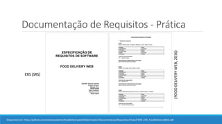 Documentação de Requisitos - Prática
Disponível em: https://github.com/estevaosaleme/fooddeliveryweb/blob/master/Documentacao/Requisitos/Visao/FDW_ERS_FoodDeliveryWeb.odt
(FOODDELIVERYWEB,2016)
ERS (SRS)
 