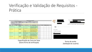 Verificação e Validação de Requisitos -
Prática
Termo de aceite
(Validação do usuário)
Especificação de Casos de Teste
(Outra forma de verificação)
 